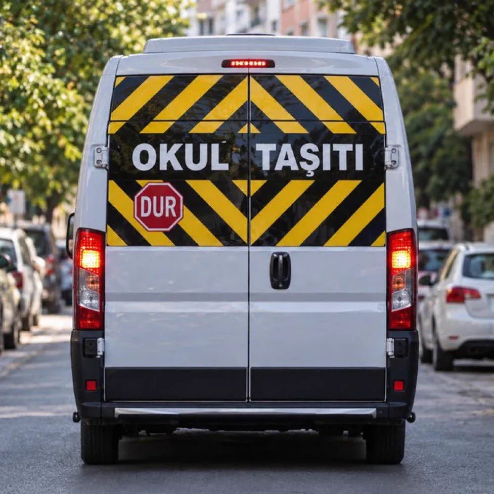 Arka kapısında Okul Taşıtı ve DUR levhası olan beyaz servis minibüsü, şehir sokağında